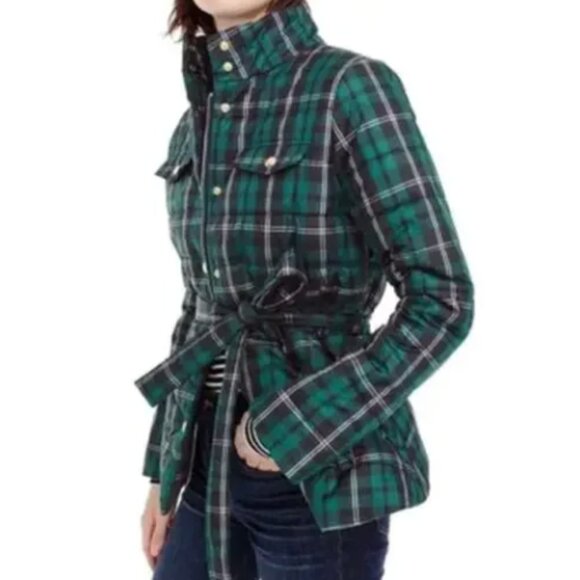 J Crew Plaid Jacket NEW Women Puffer Coat Small Tartan green blue - Picture 2 of 9